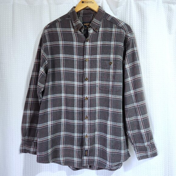 Woolrich Flannel Plaid Men's Med Grey Black & Red Long Sleeve Shirt Vintage - Picture 1 of 8
